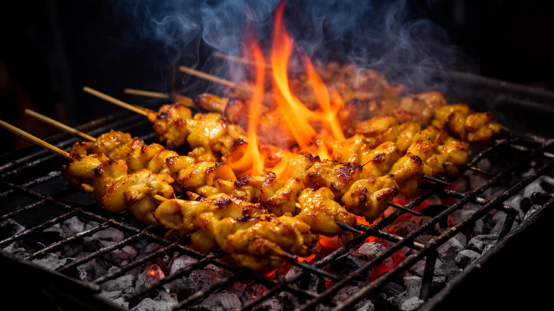 Traditional charcoal grilling of chicken inasal