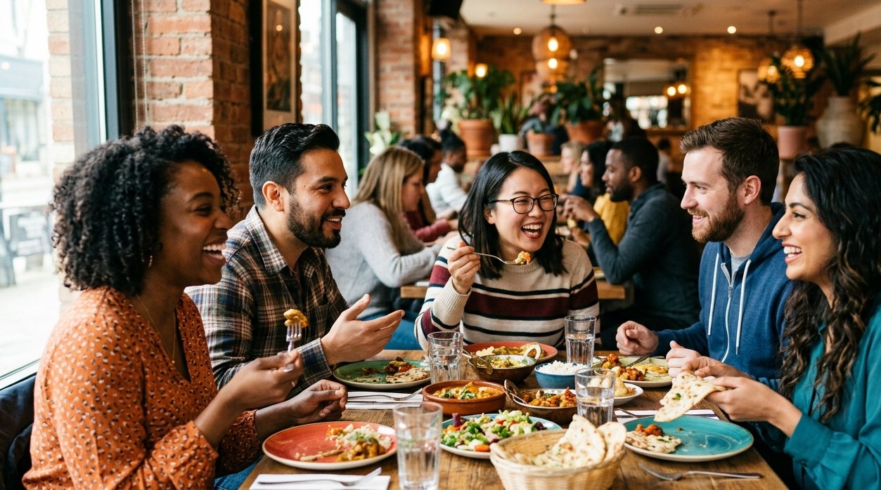 A diverse group of friends laughing and sharing a meal together