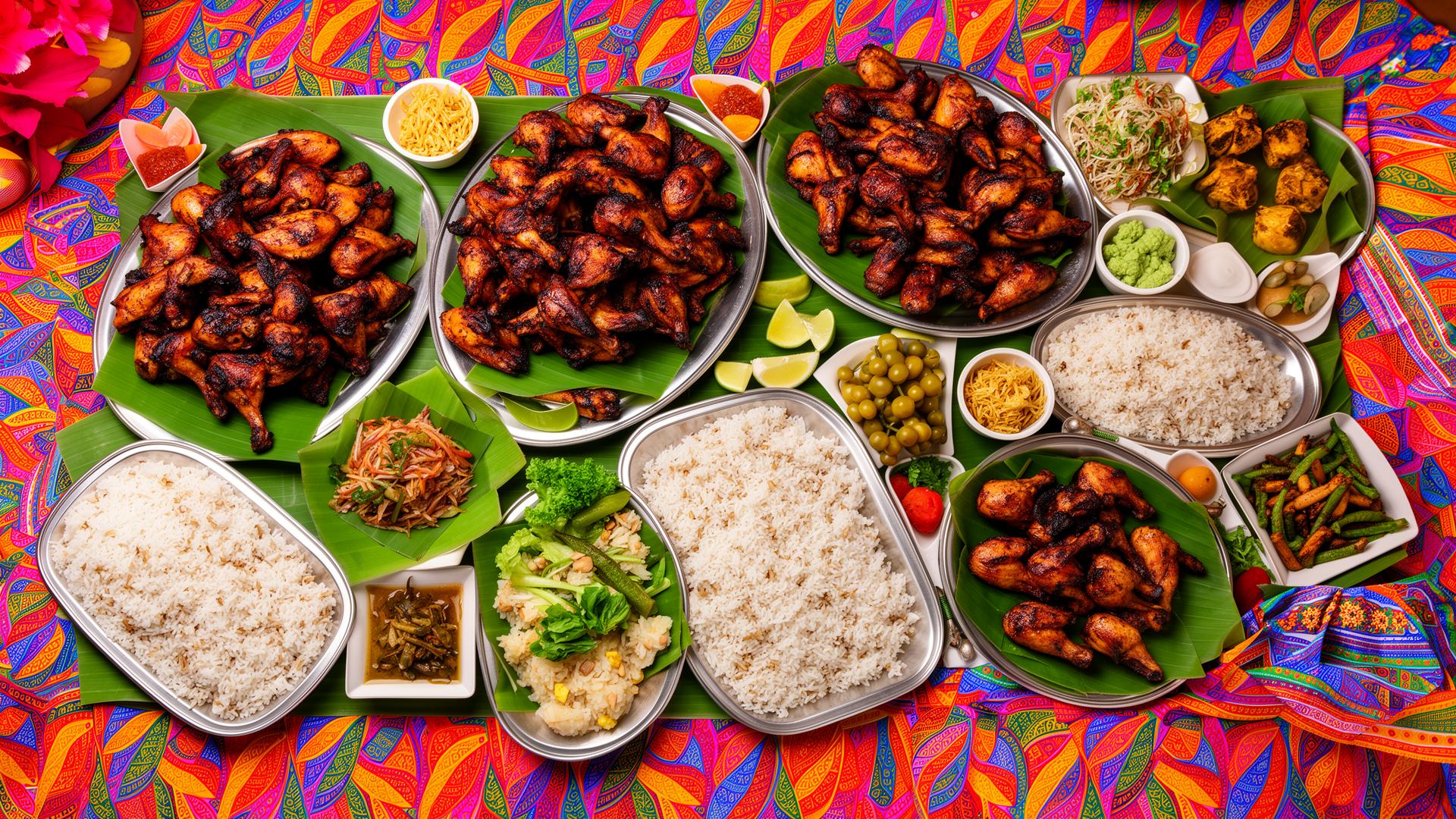 Filipino grilled chicken plates with rice and sides